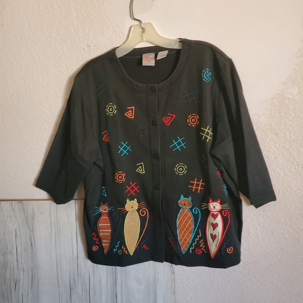 Onque Casuals Cotton Cats Shacket Cardigan Jacket Women XL  Grannycore Black